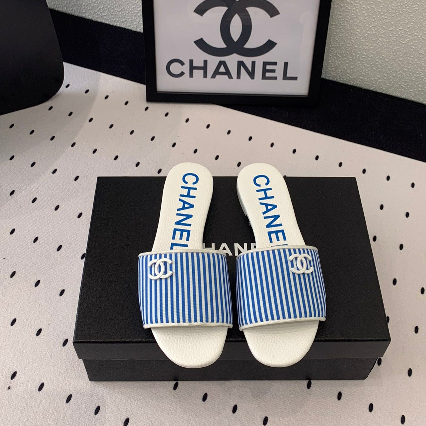 mule sandal striped blue white