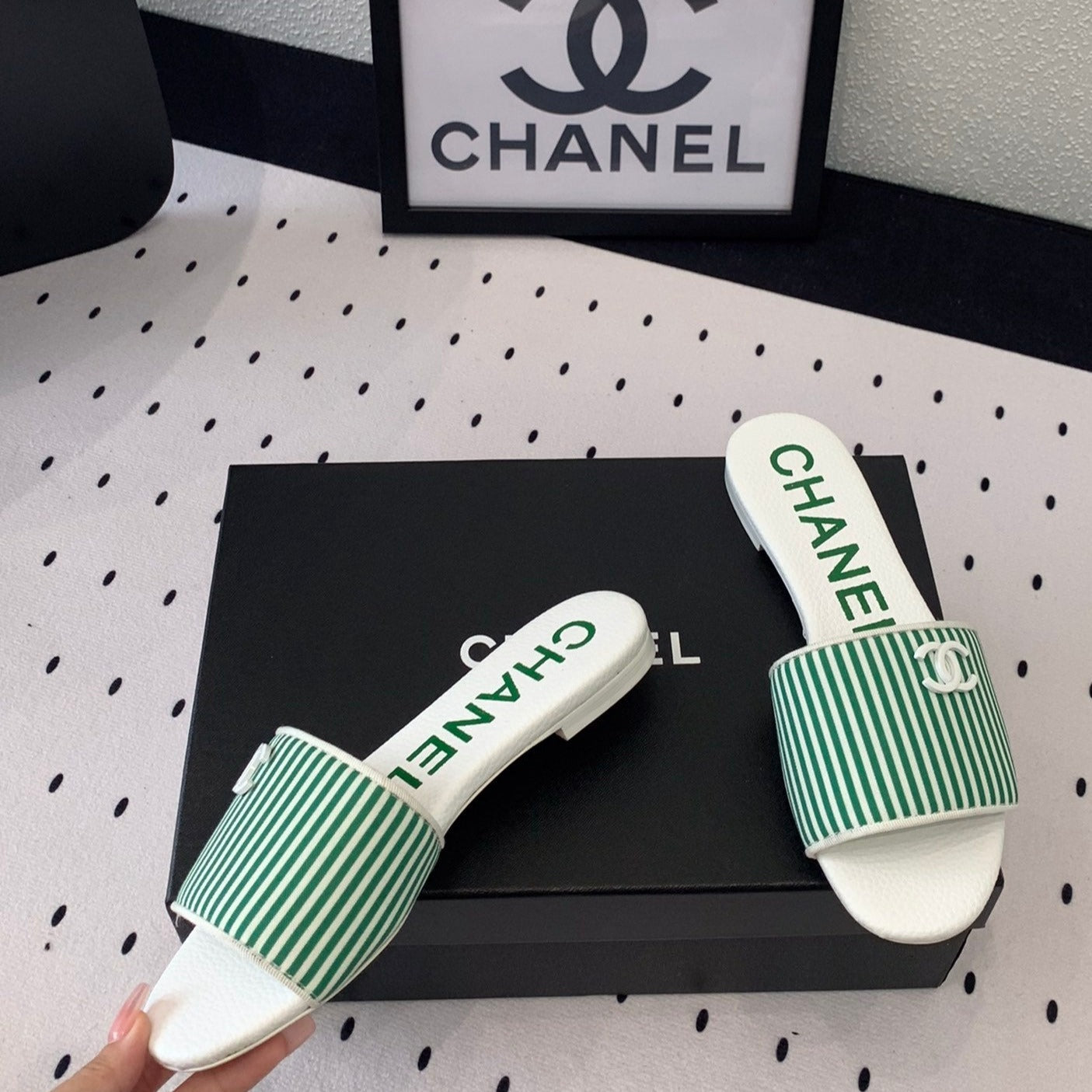 mule sandal striped green white