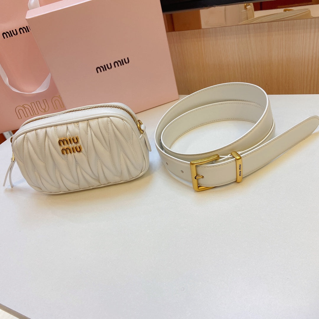 miu white belt 30mm with matelasse pouch