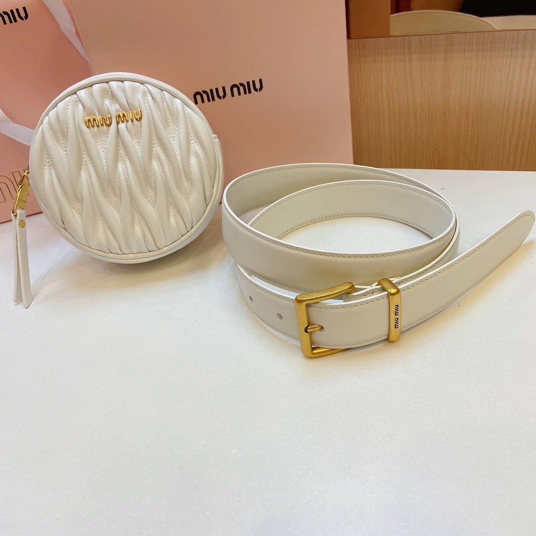 miu white belt 30mm with circle matelasse bag