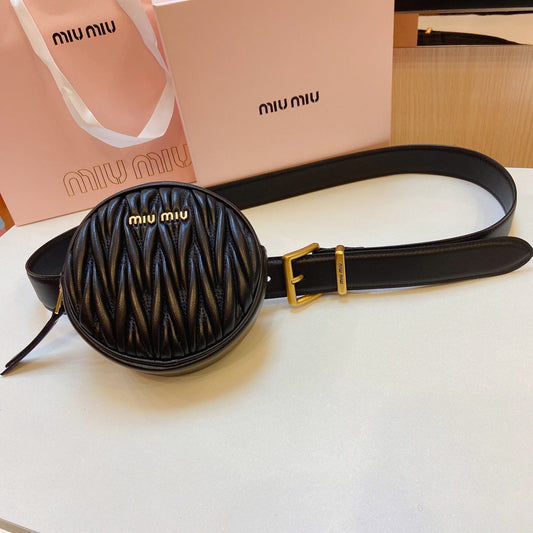 miu black belt 30mm with circle matelasse bag