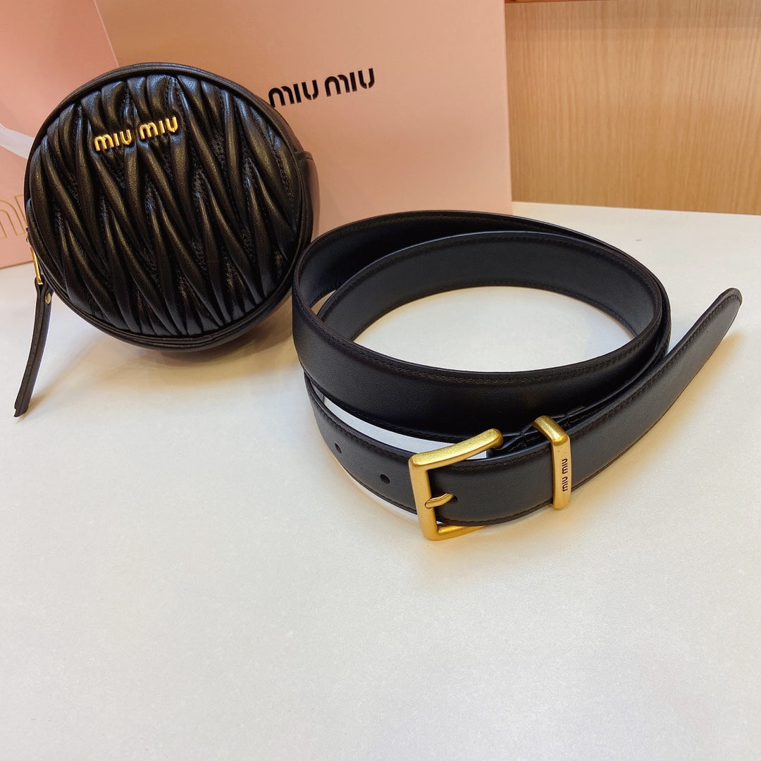 miu black belt 30mm with circle matelasse bag