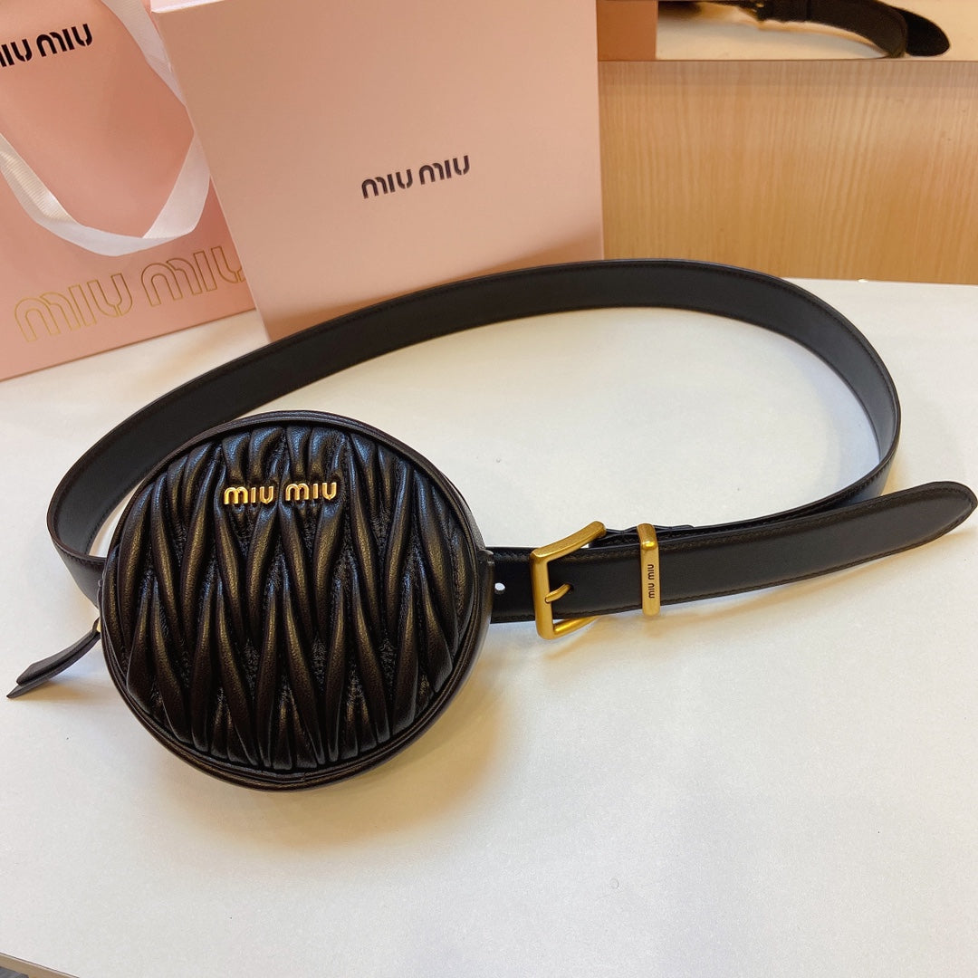 miu black belt 30mm with circle matelasse bag