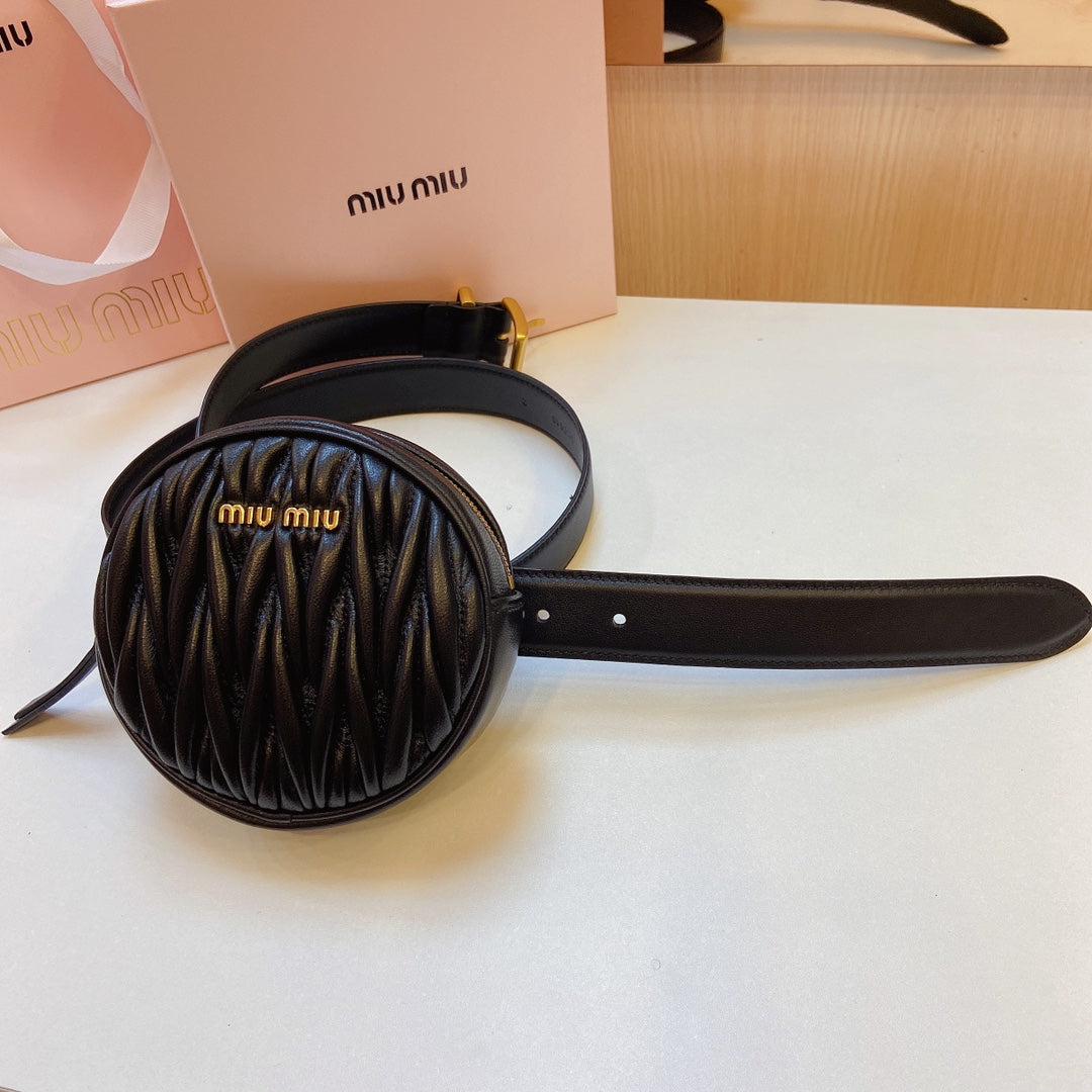 miu black belt 30mm with circle matelasse bag