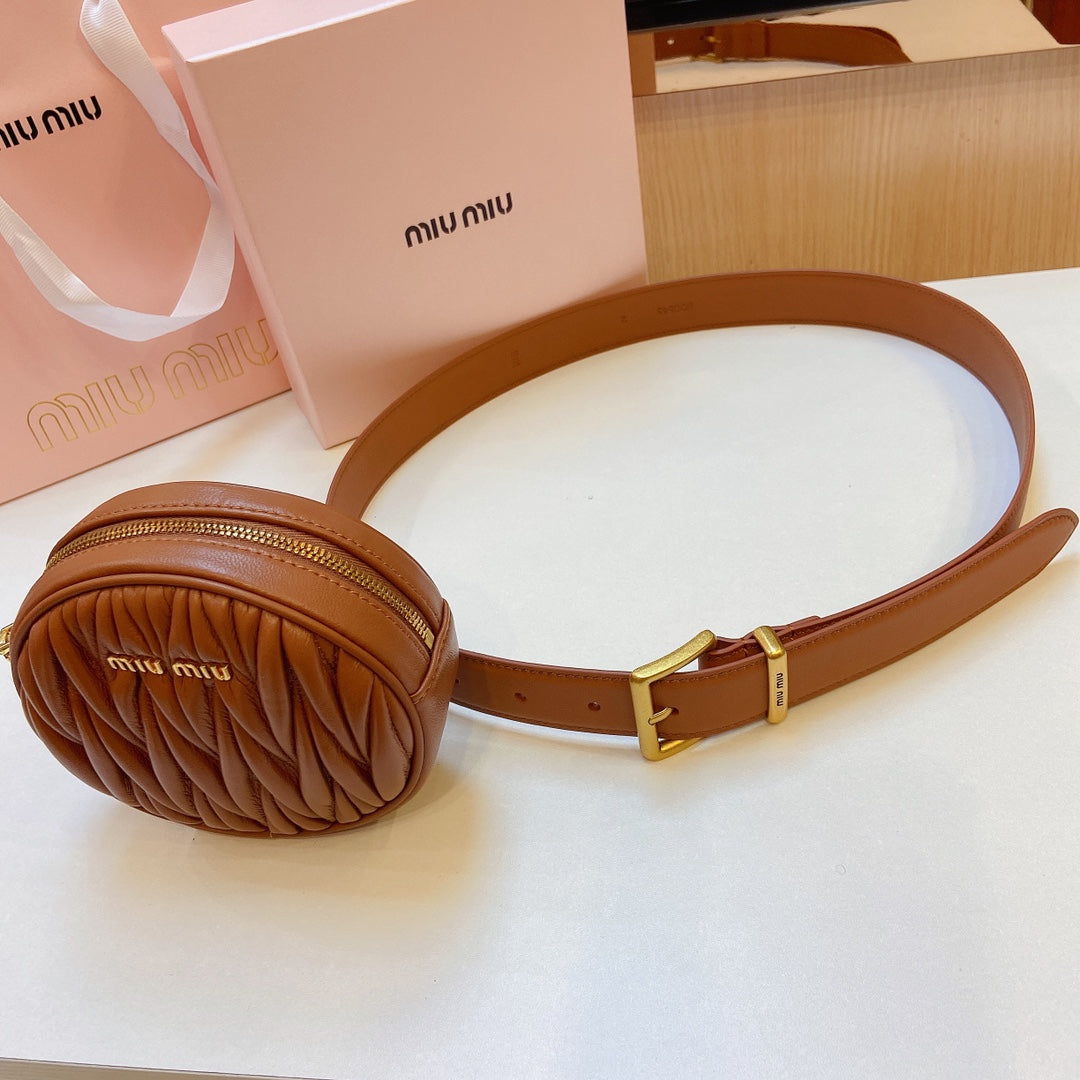 miu brown belt 30mm with circle matelasse bag