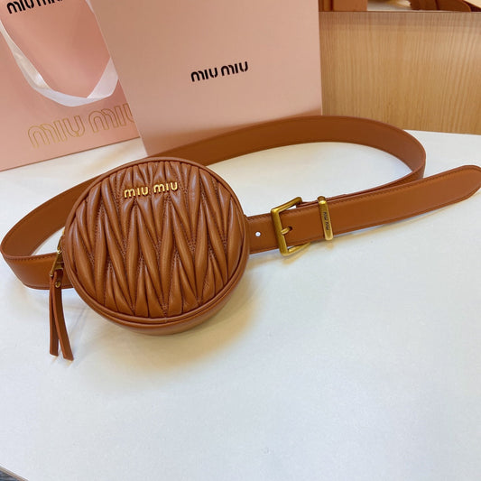 miu brown belt 30mm with circle matelasse bag