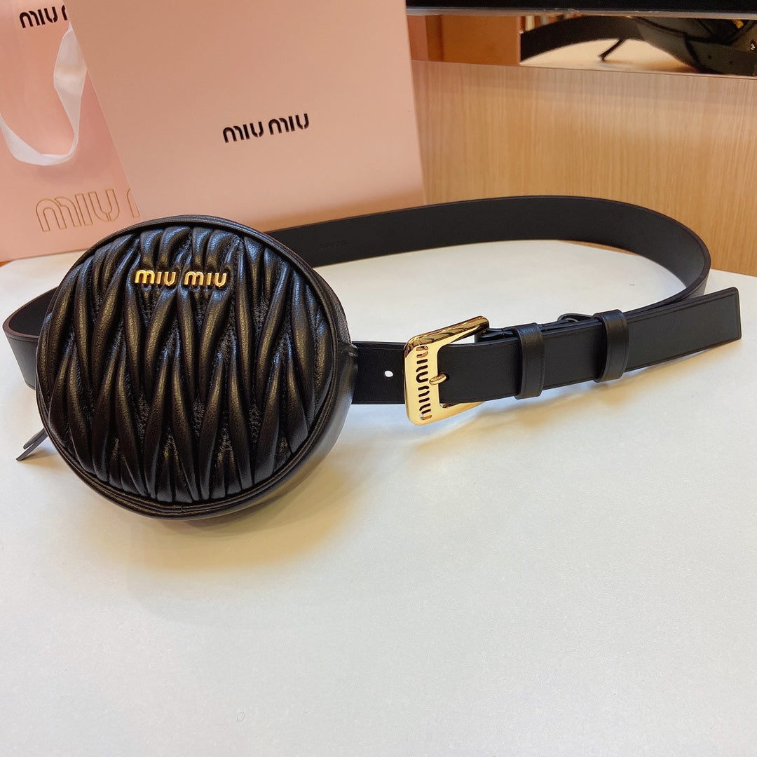 miu black belt 30mm with circle matelasse bag gold buckle