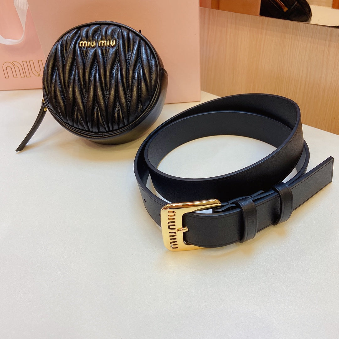 miu black belt 30mm with circle matelasse bag gold buckle