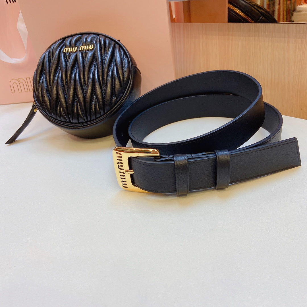 miu black belt 30mm with circle matelasse bag gold buckle