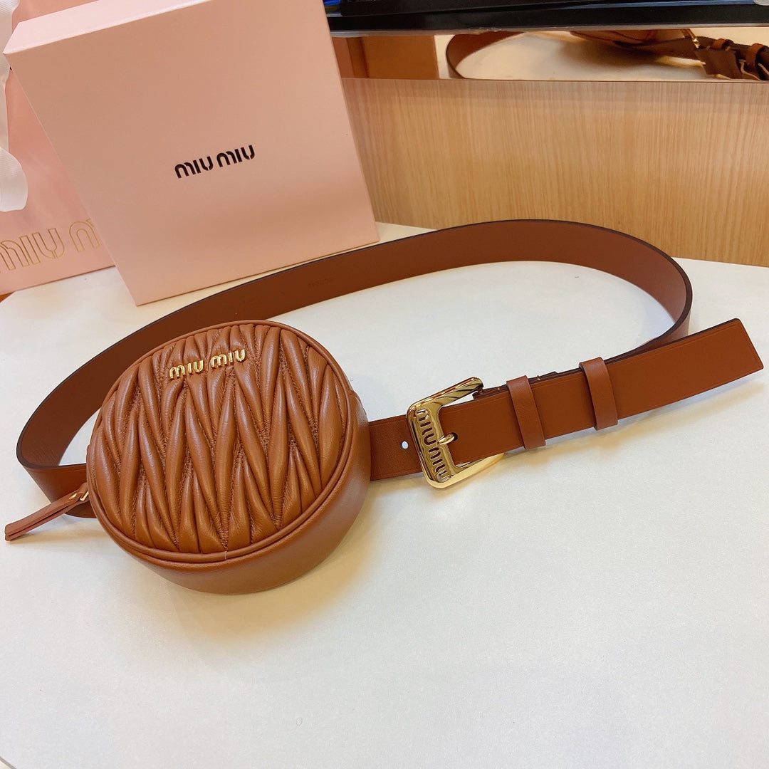 miu brown belt 30mm with circle matelasse bag gold buckle