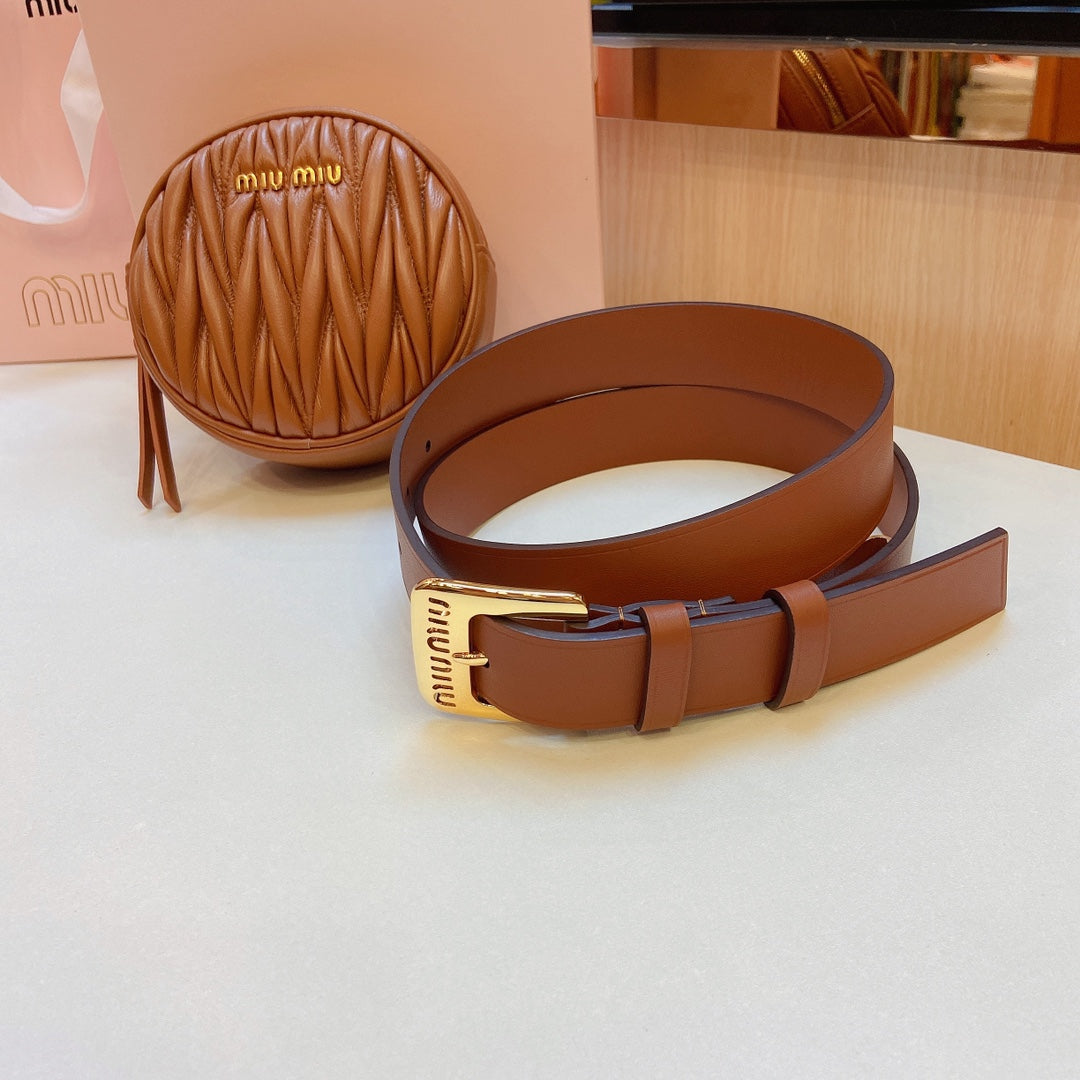 miu brown belt 30mm with circle matelasse bag gold buckle