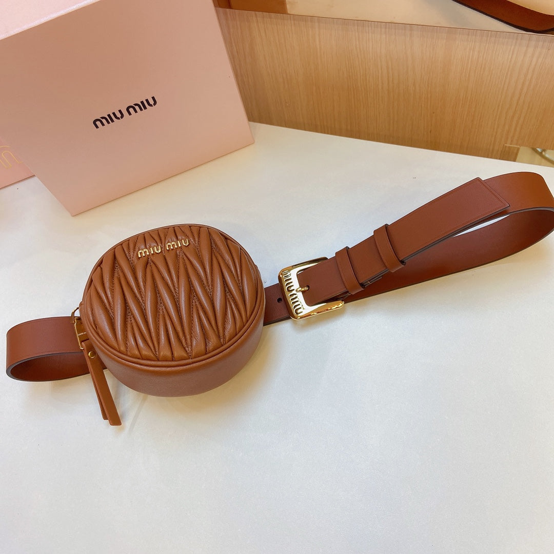 miu brown belt 30mm with circle matelasse bag gold buckle