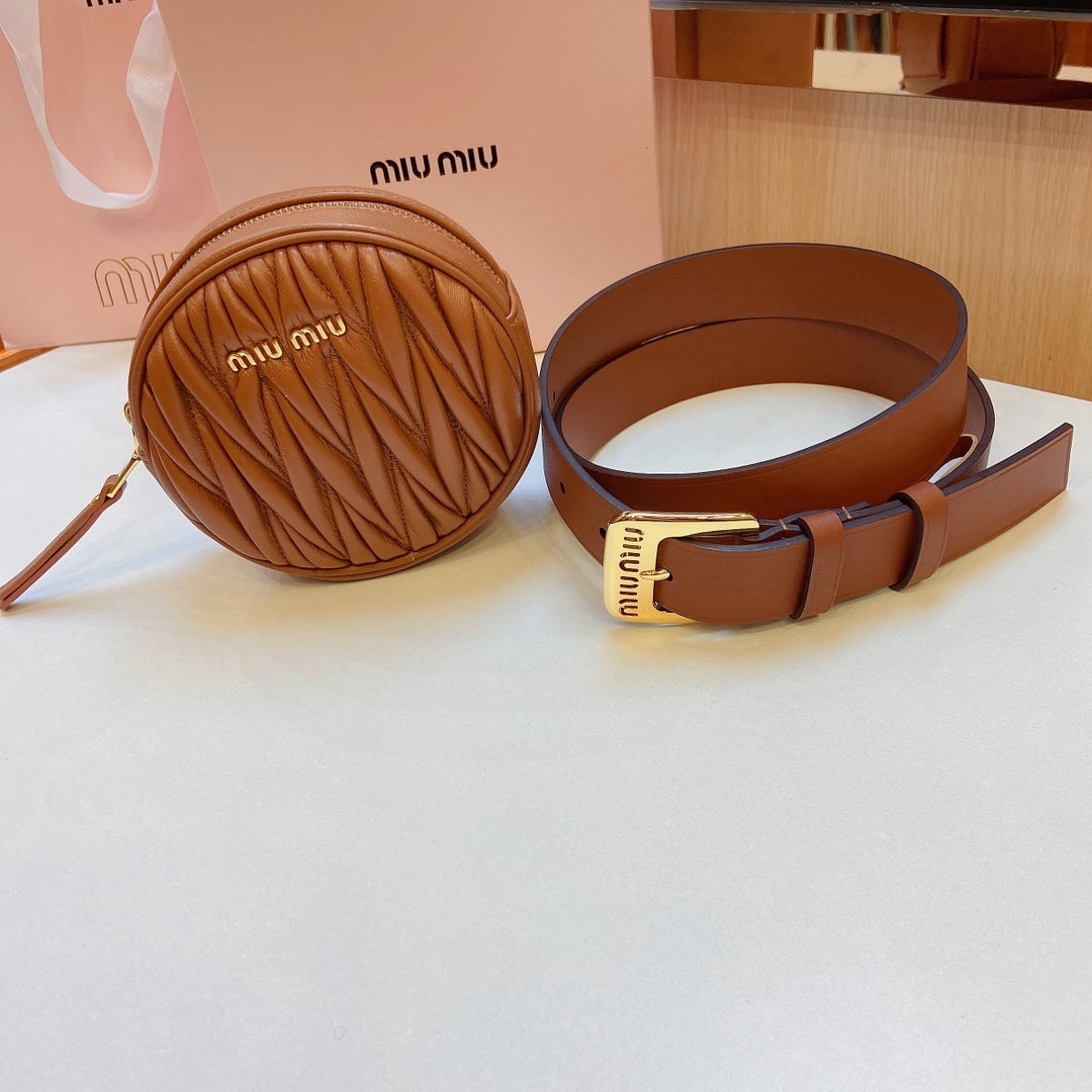 miu brown belt 30mm with circle matelasse bag gold buckle