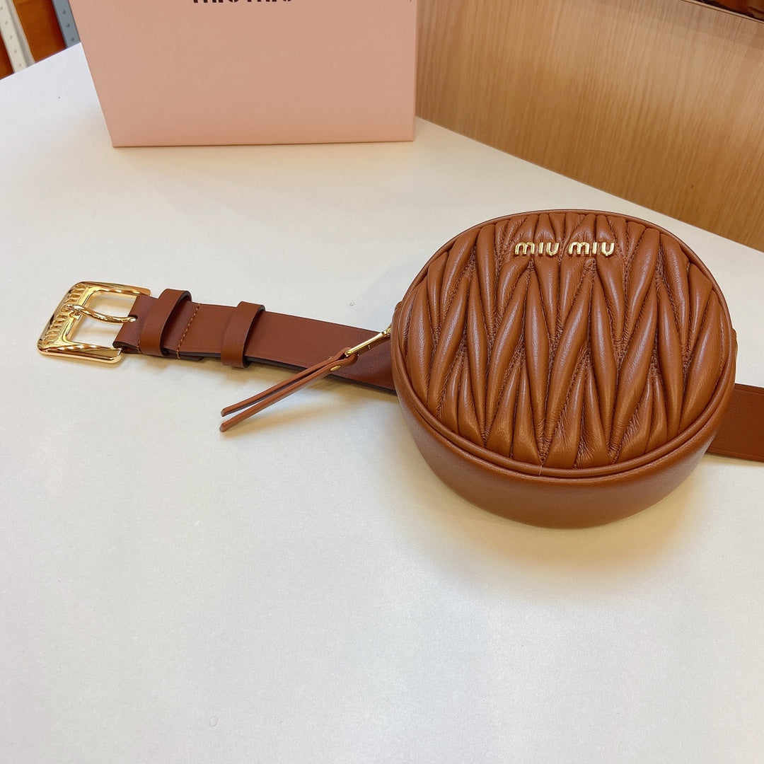 miu brown belt 30mm with circle matelasse bag gold buckle