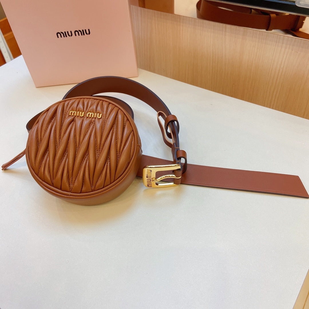 miu brown belt 30mm with circle matelasse bag gold buckle