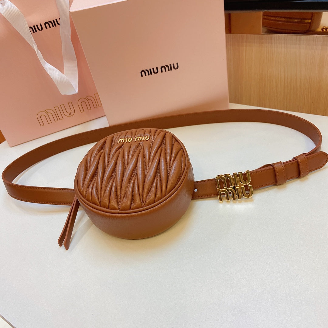 miu brown belt 20mm with circle matelasse bag