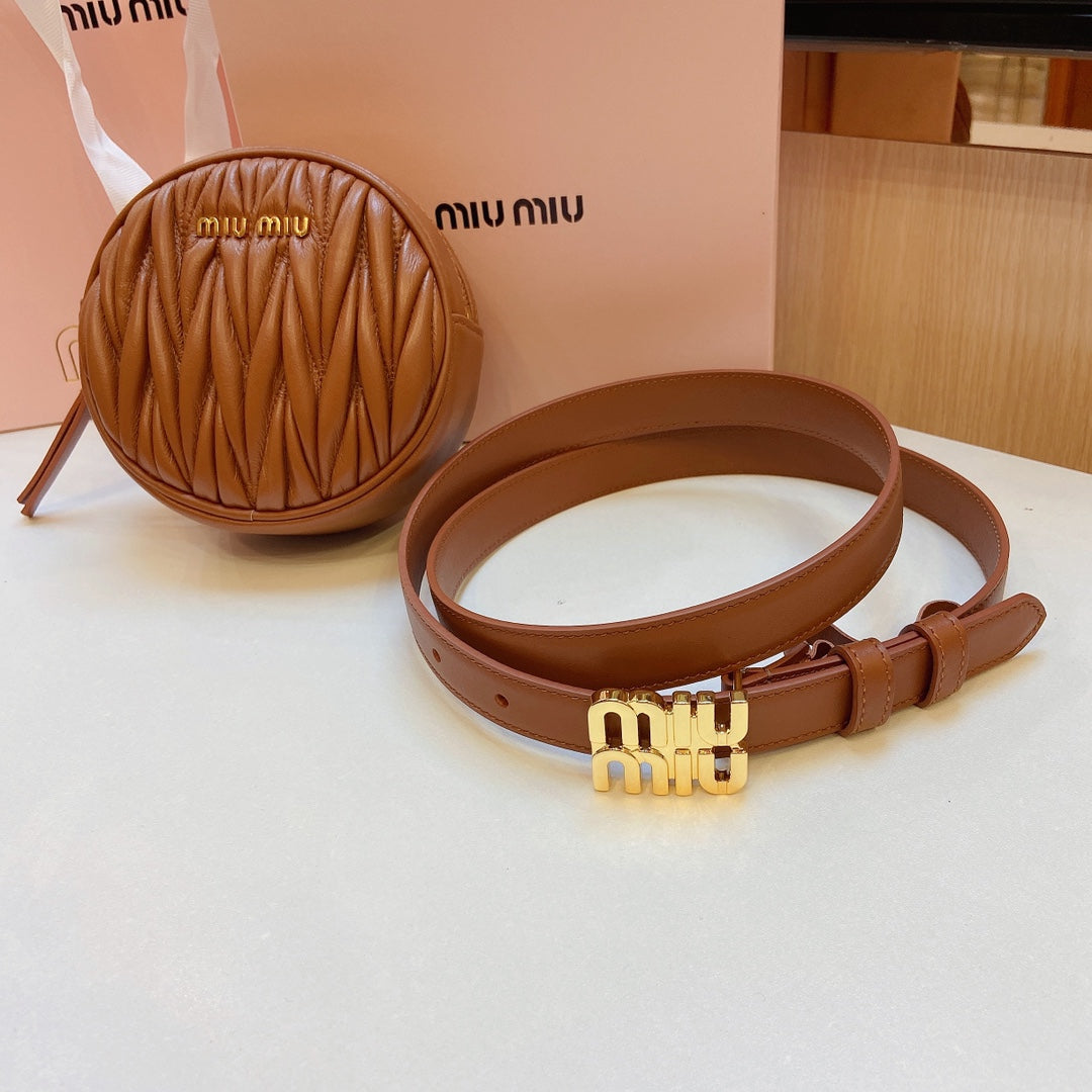 miu brown belt 20mm with circle matelasse bag