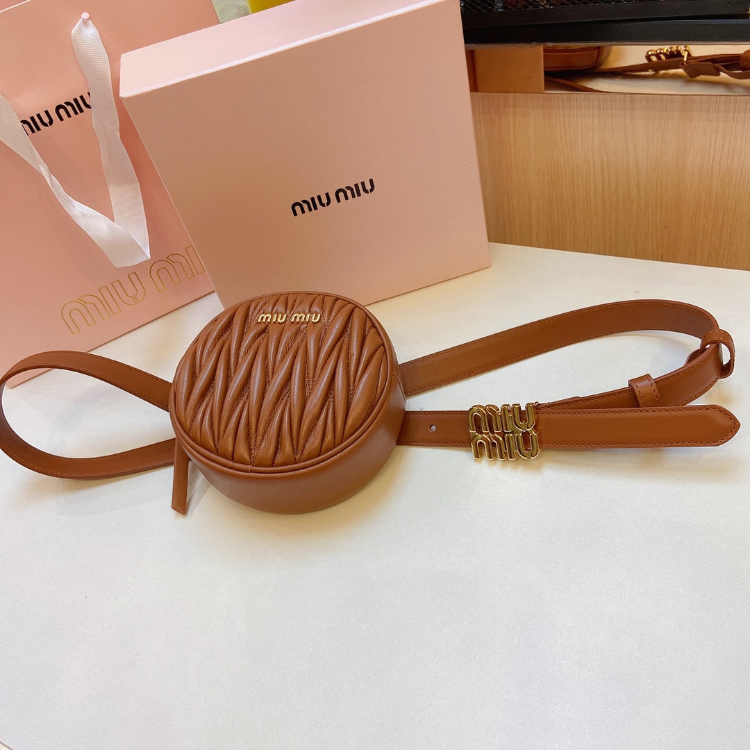 miu brown belt 20mm with circle matelasse bag