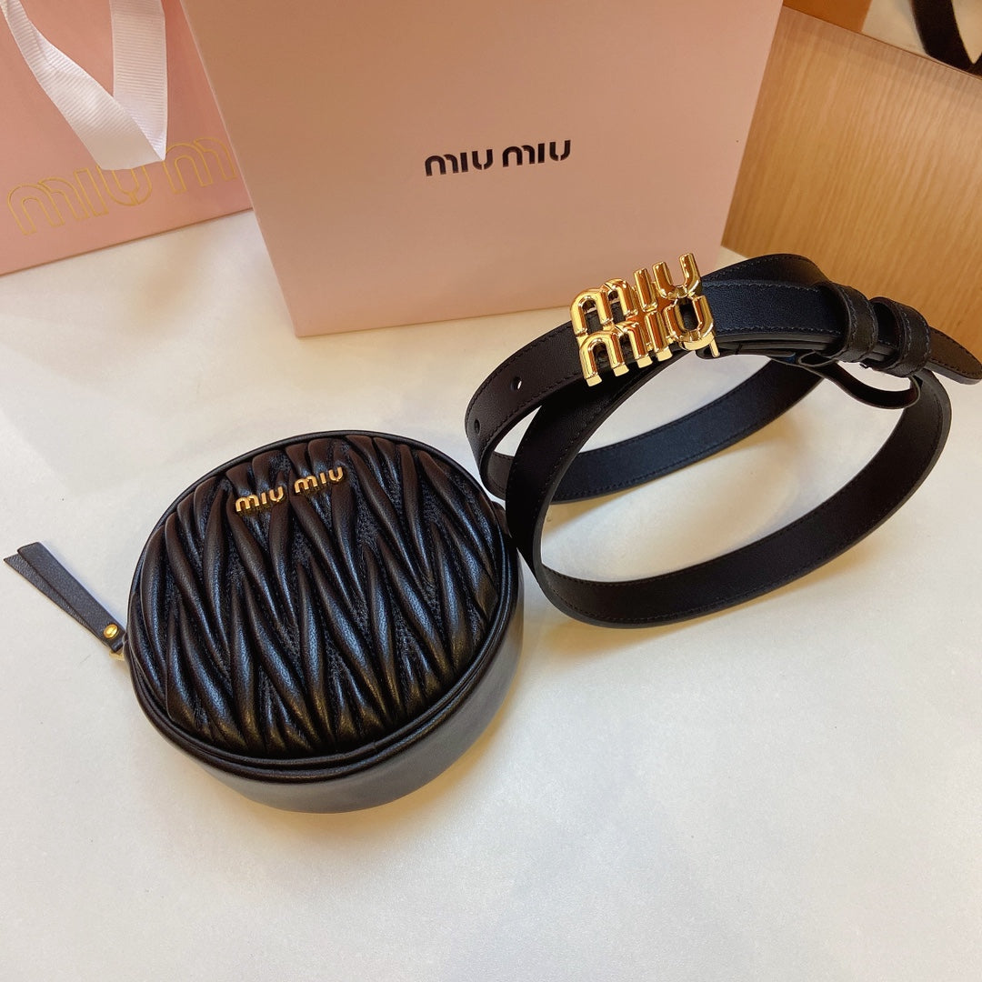 miu black belt 20mm with circle matelasse bag