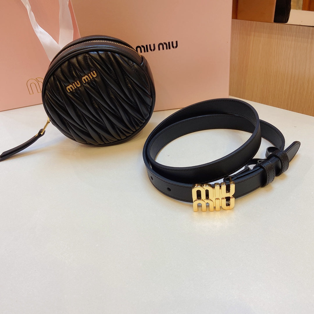 miu black belt 20mm with circle matelasse bag