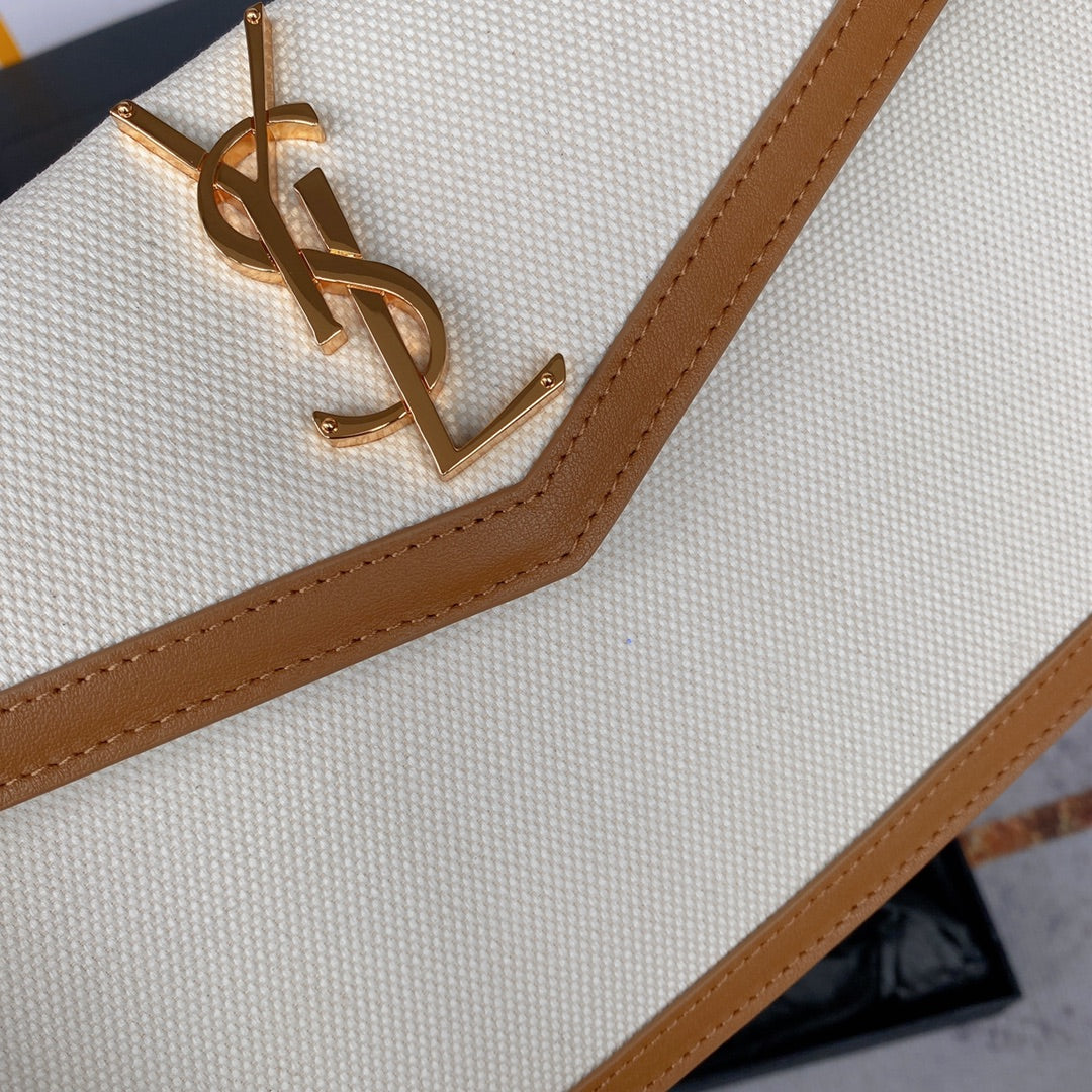 UPTOWN POUCH 27 IN WHITE CANVAS AND BROWN LEATHER TRIM GOLD LOGO