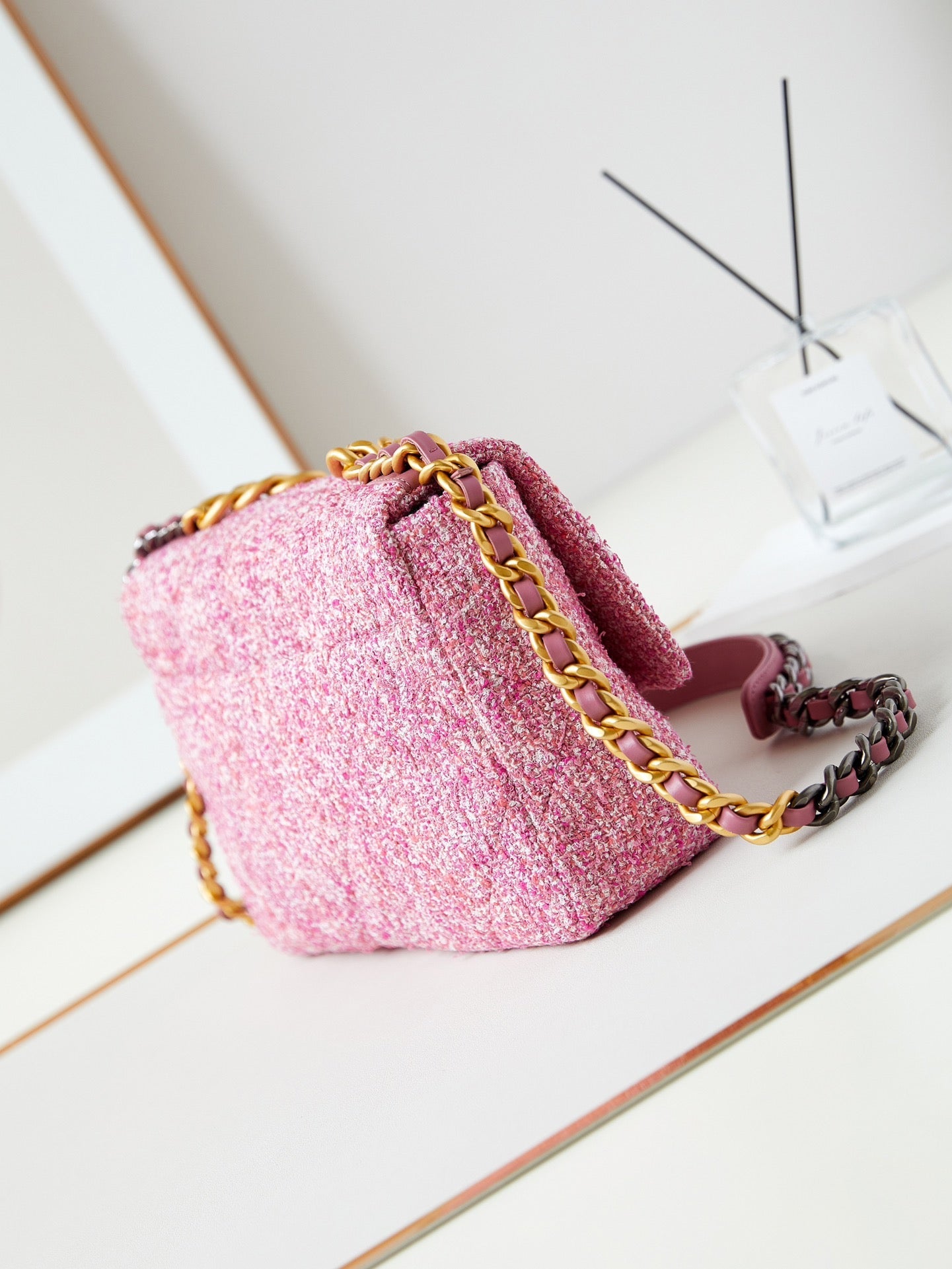 19 flap bag 26 pink tweed gold hardware