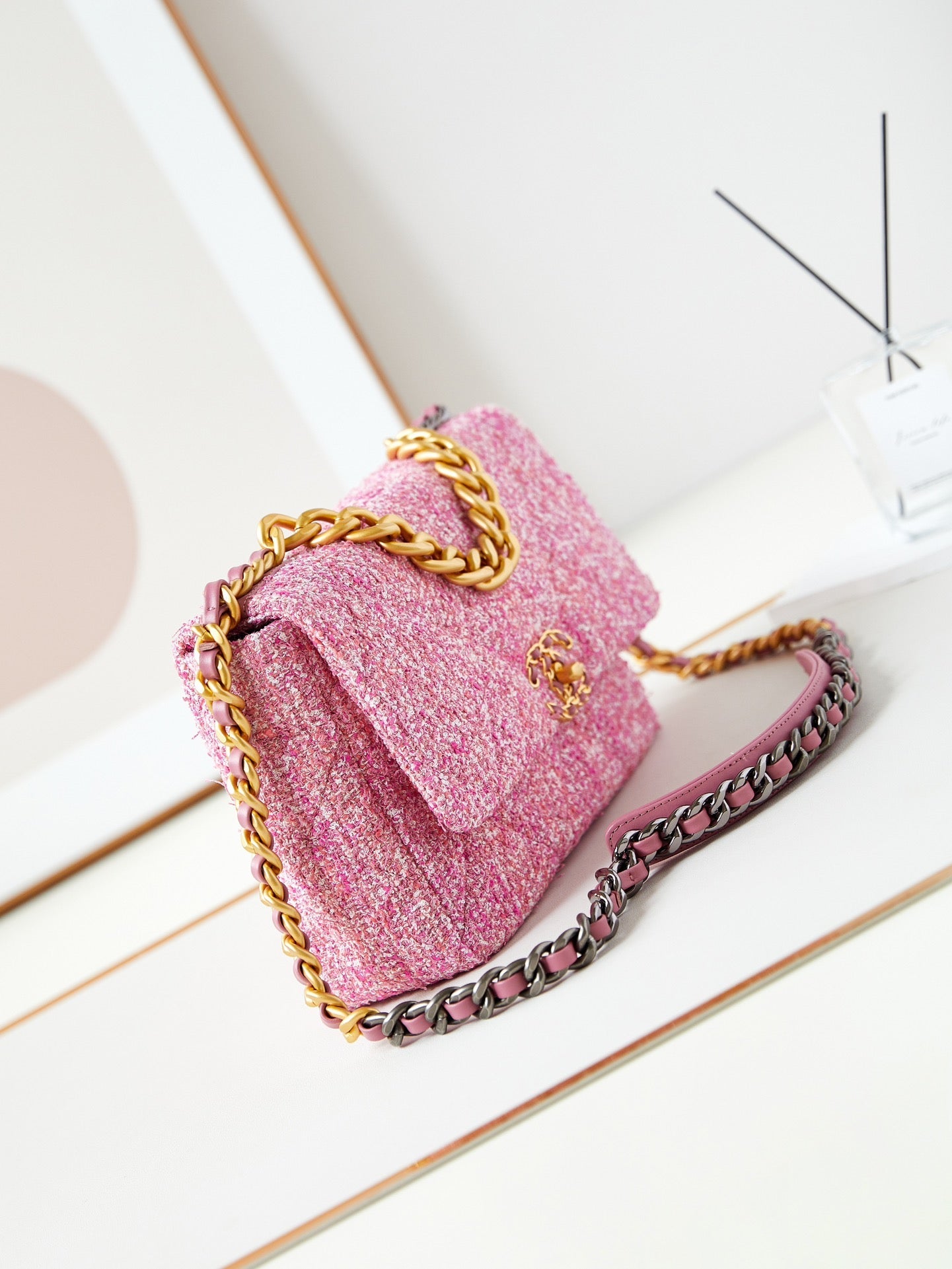 19 flap bag 26 pink tweed gold hardware