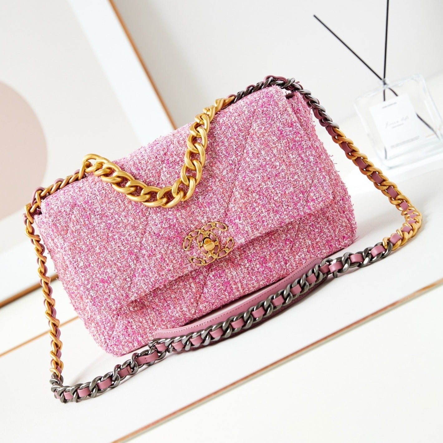 19 flap bag 26 pink tweed gold hardware