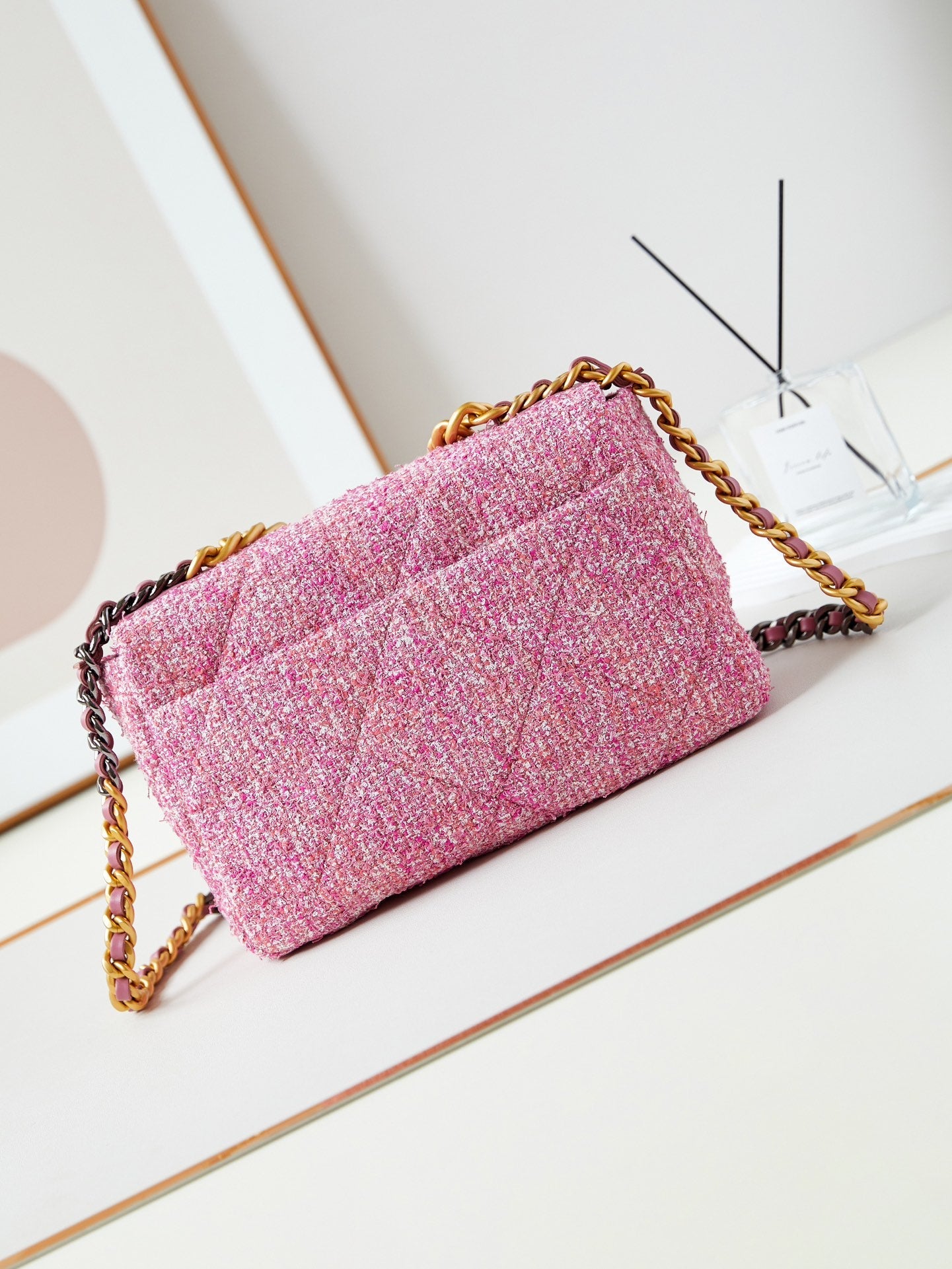 19 flap bag 26 pink tweed gold hardware