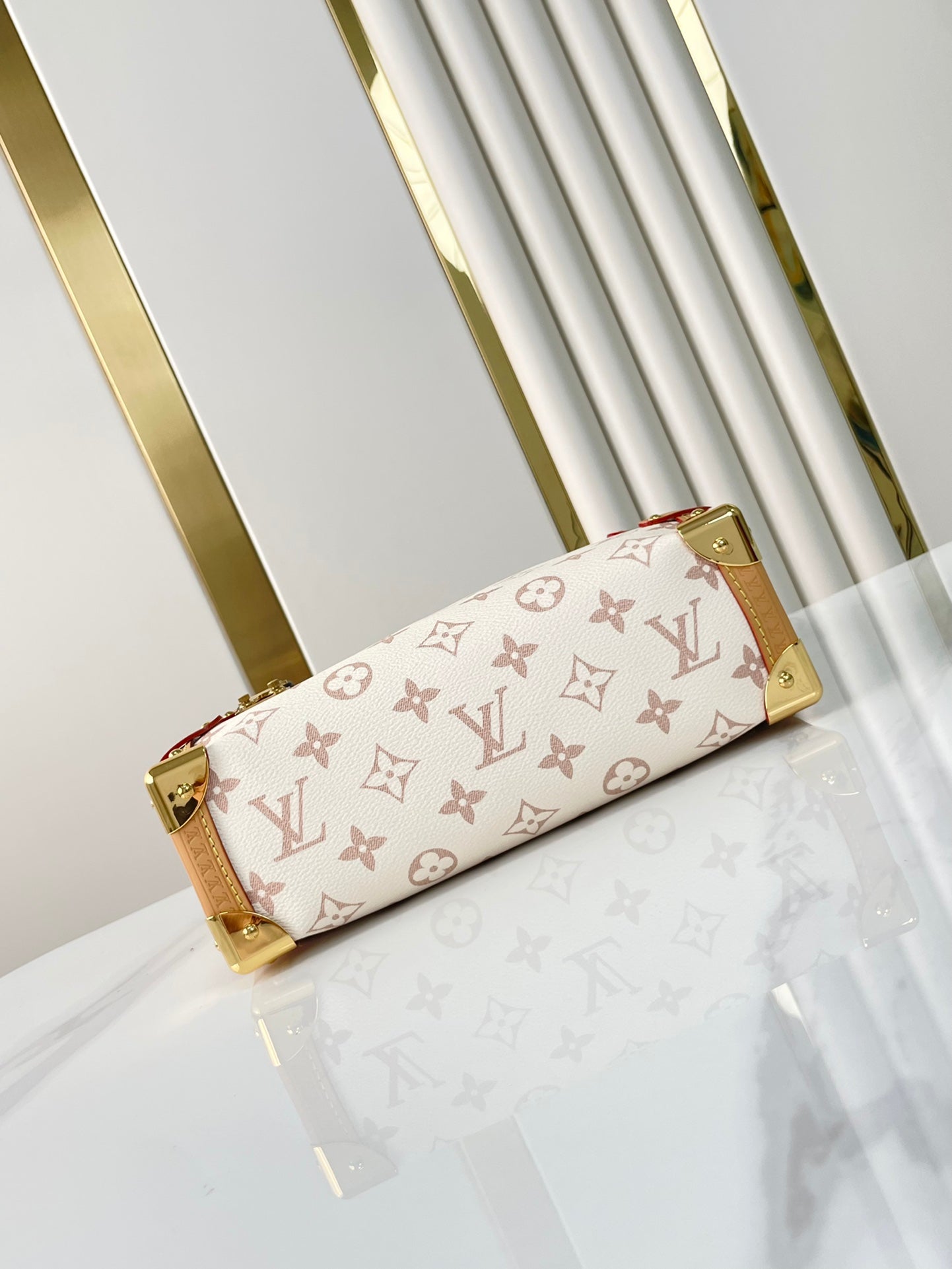 SIDE TRUNK 21 IN WHITE BROWN MONOGRAM CANVAS GOLD HARDWARE