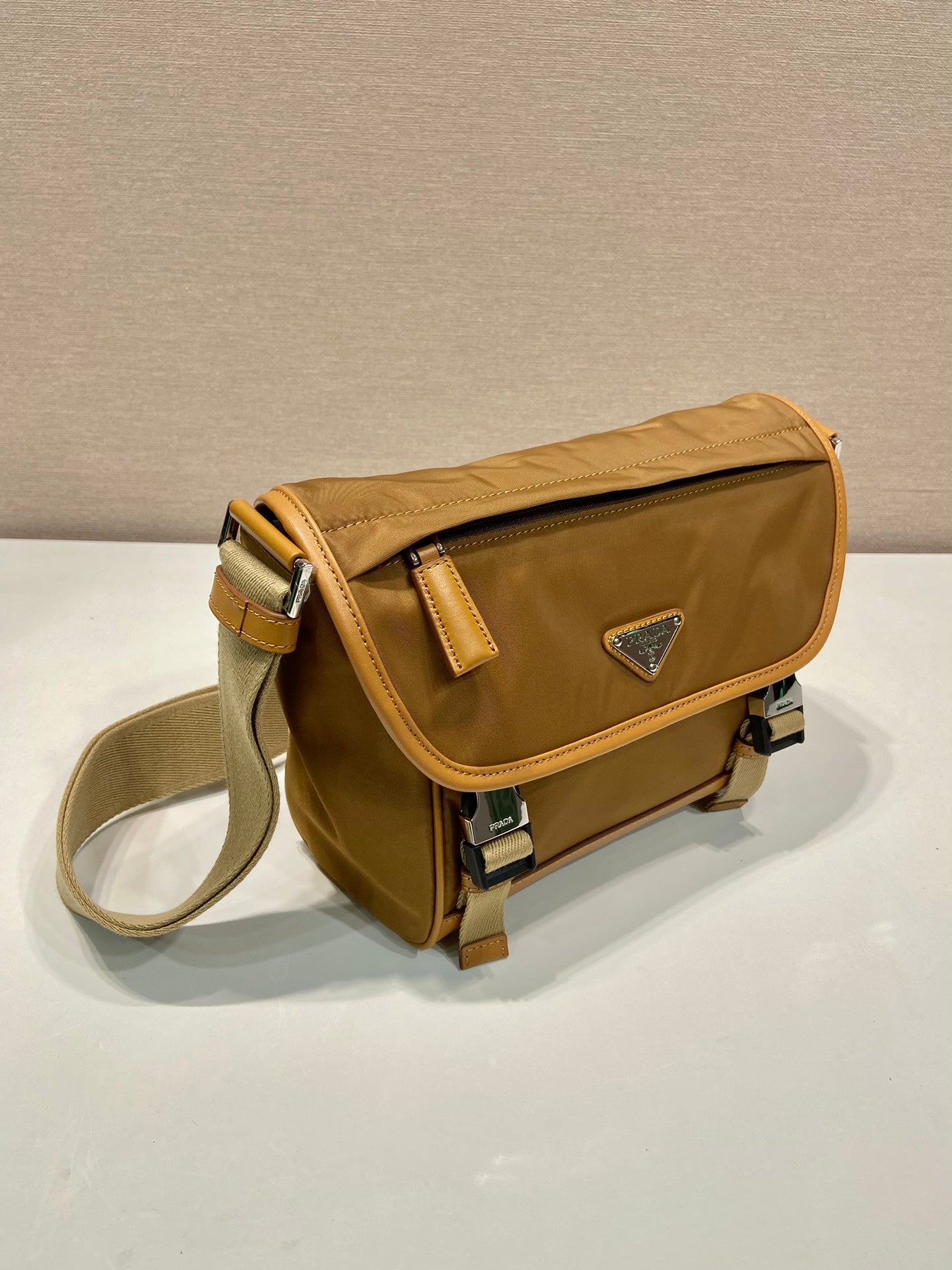 SMALL FLAP BAG 20 IN CIDER BROWN RE-NYLON AND CALFSKIN TRIM