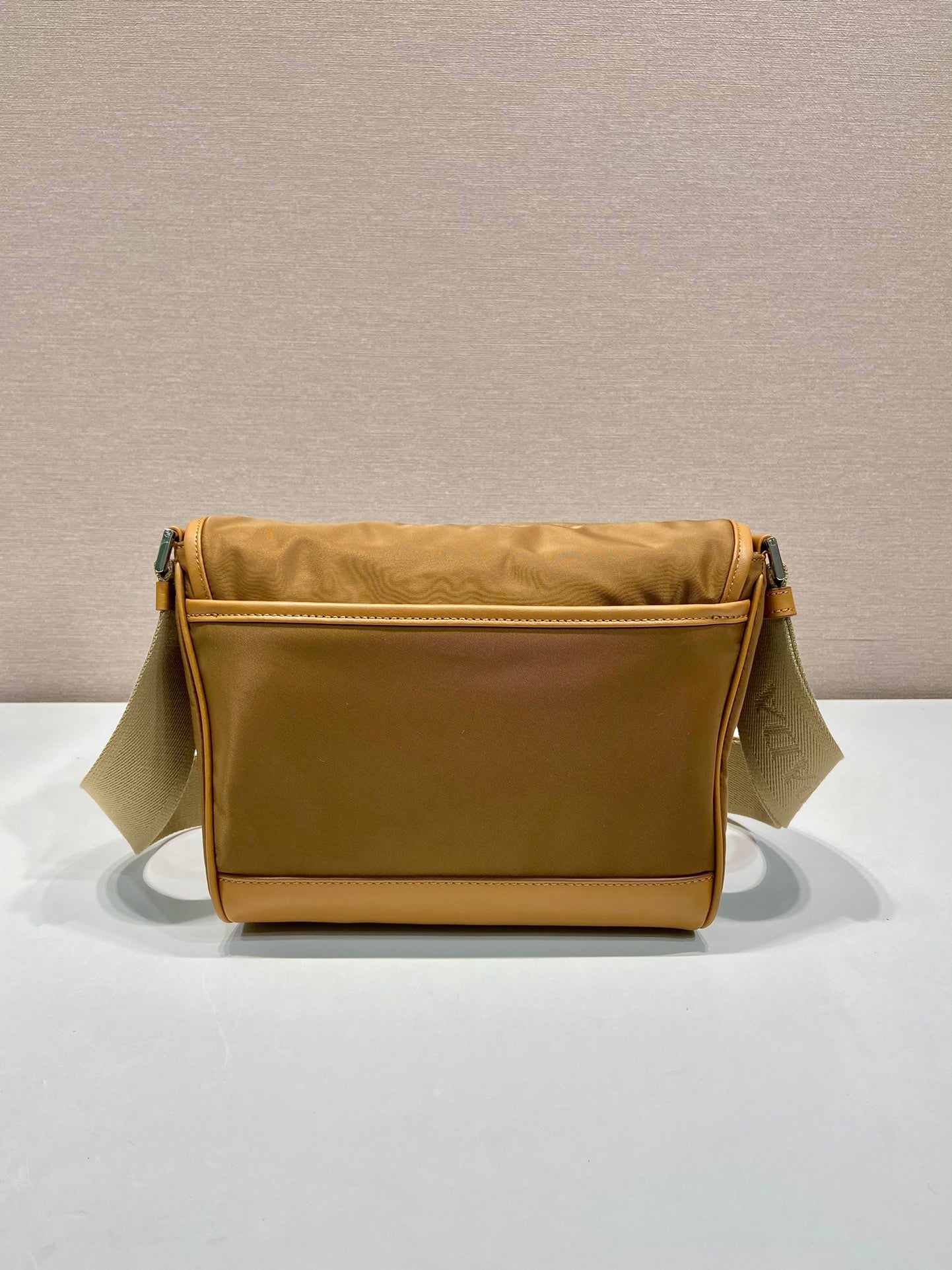 SMALL FLAP BAG 20 IN CIDER BROWN RE-NYLON AND CALFSKIN TRIM