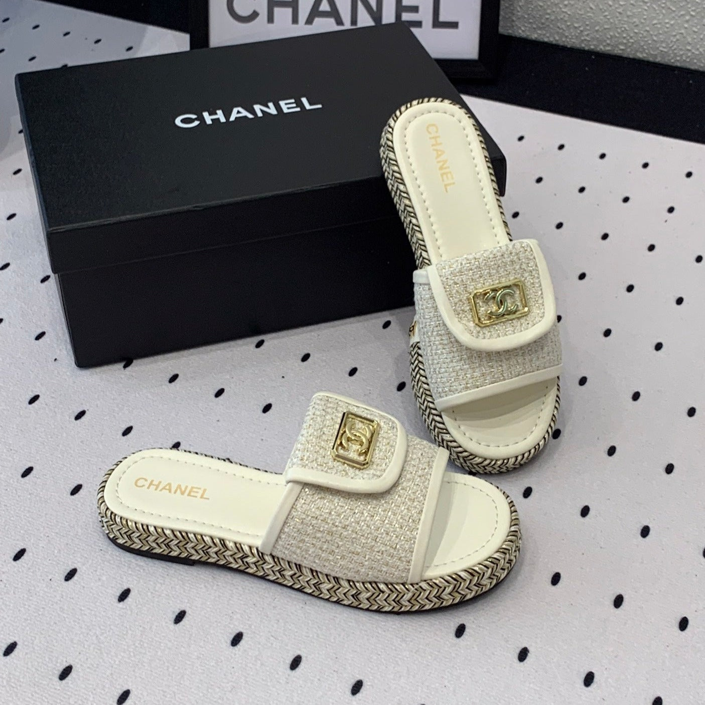 mule sandal cream tweed white calfskin