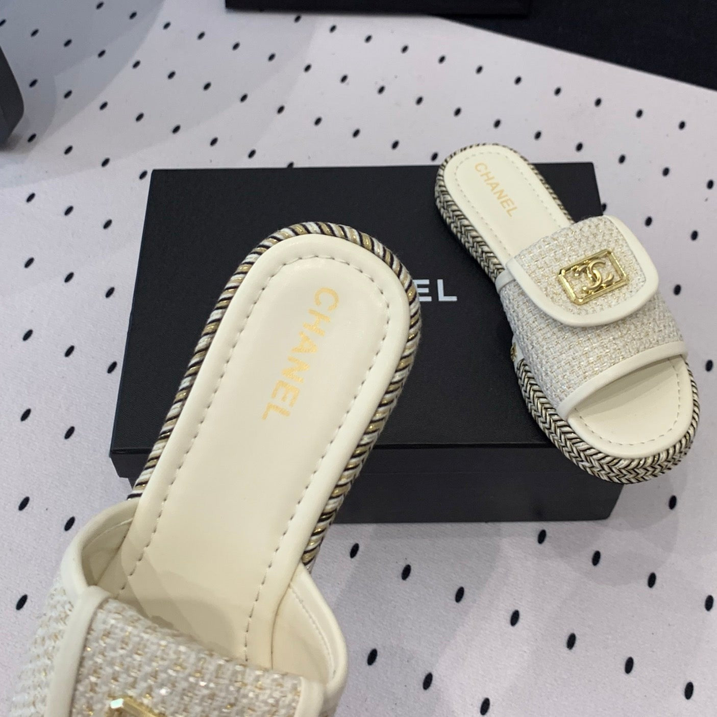 mule sandal cream tweed white calfskin