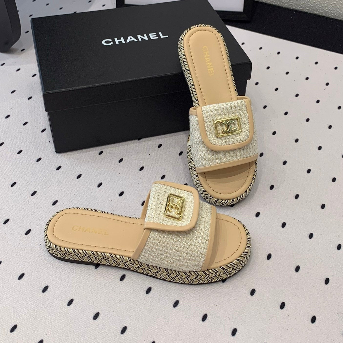 mule sandal cream tweed beige calfskin