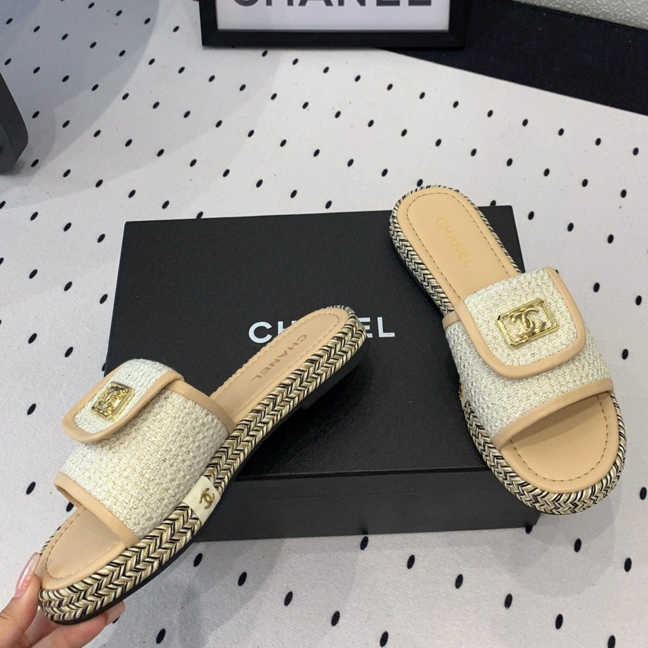 mule sandal cream tweed beige calfskin