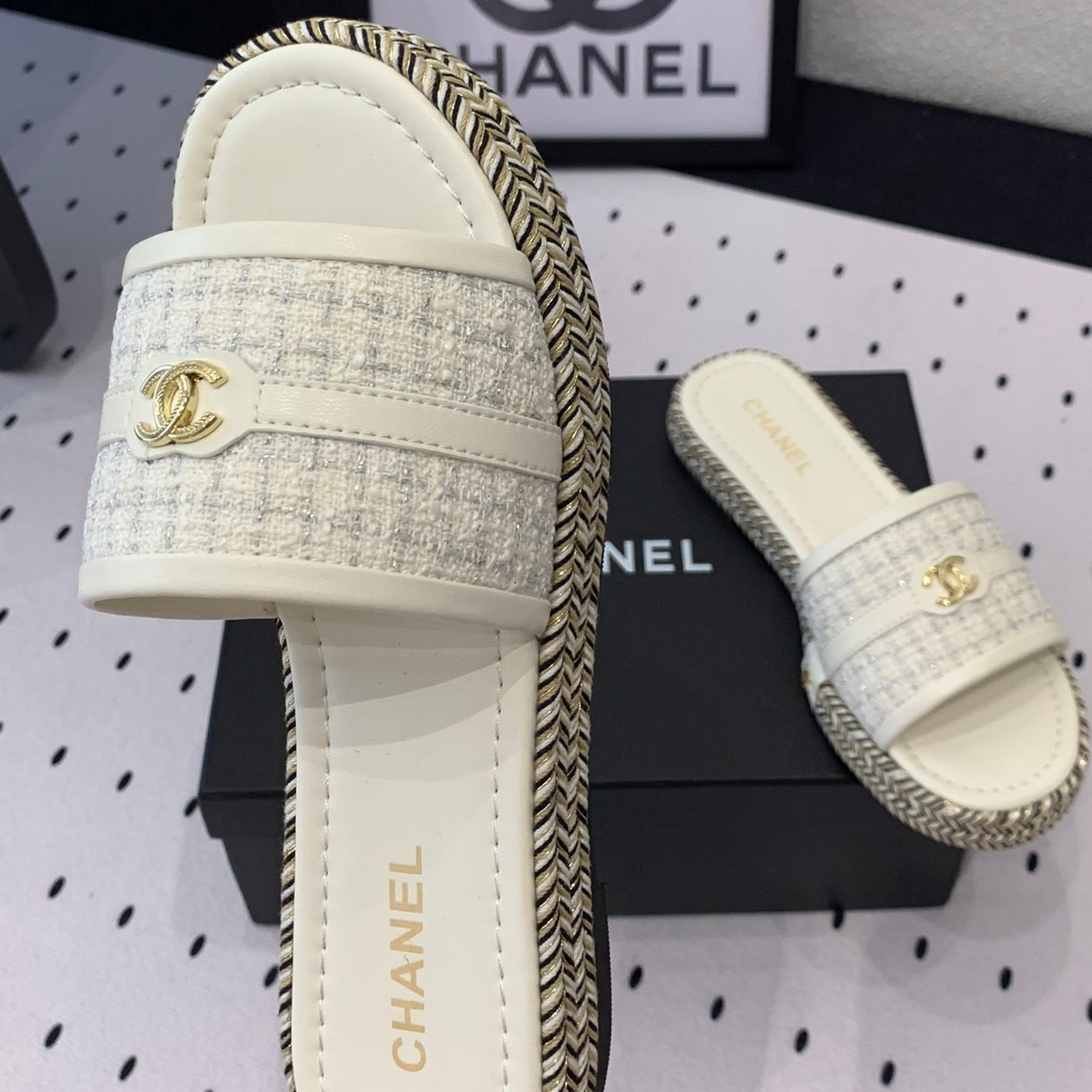 mule sandal white tweed white calfskin