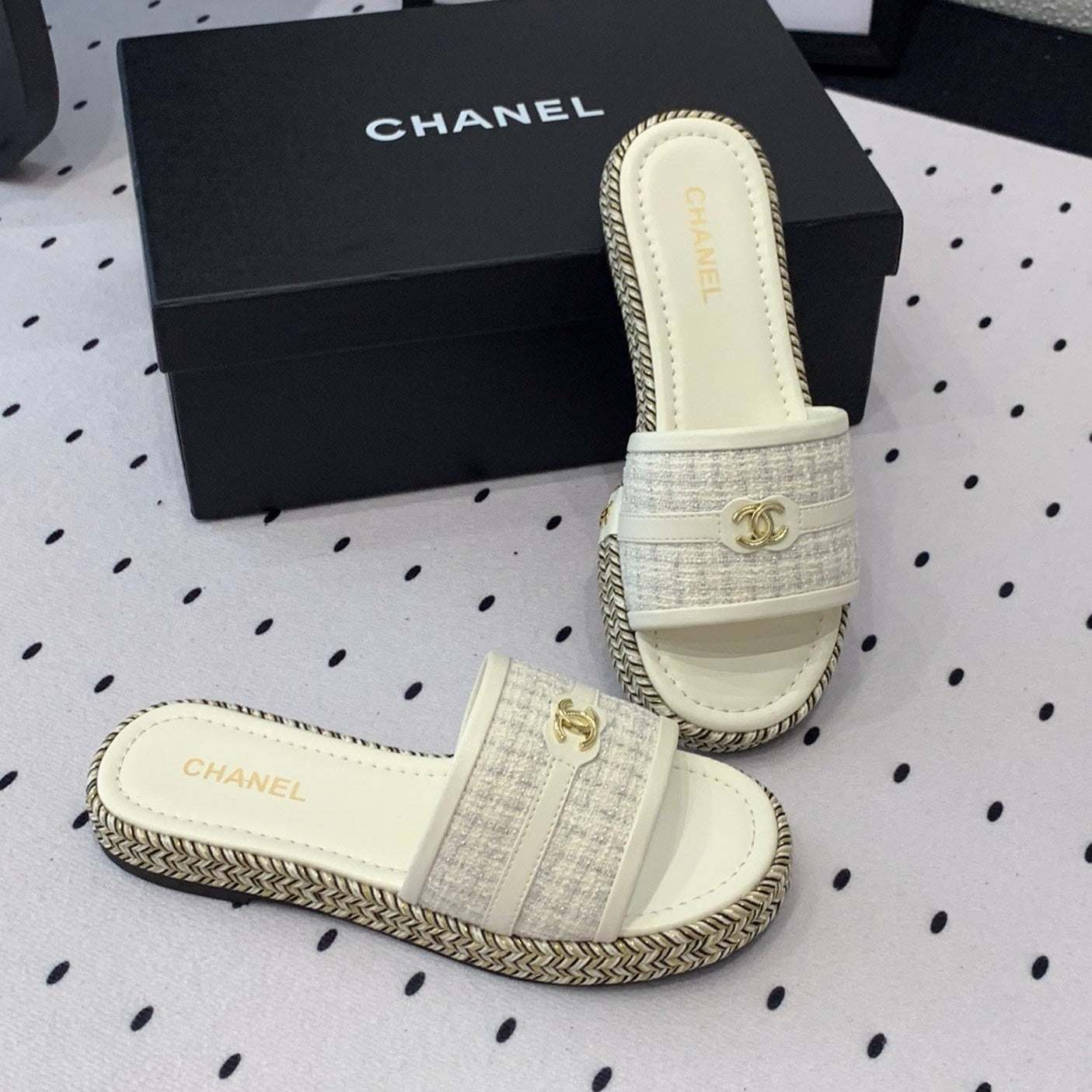 mule sandal white tweed white calfskin