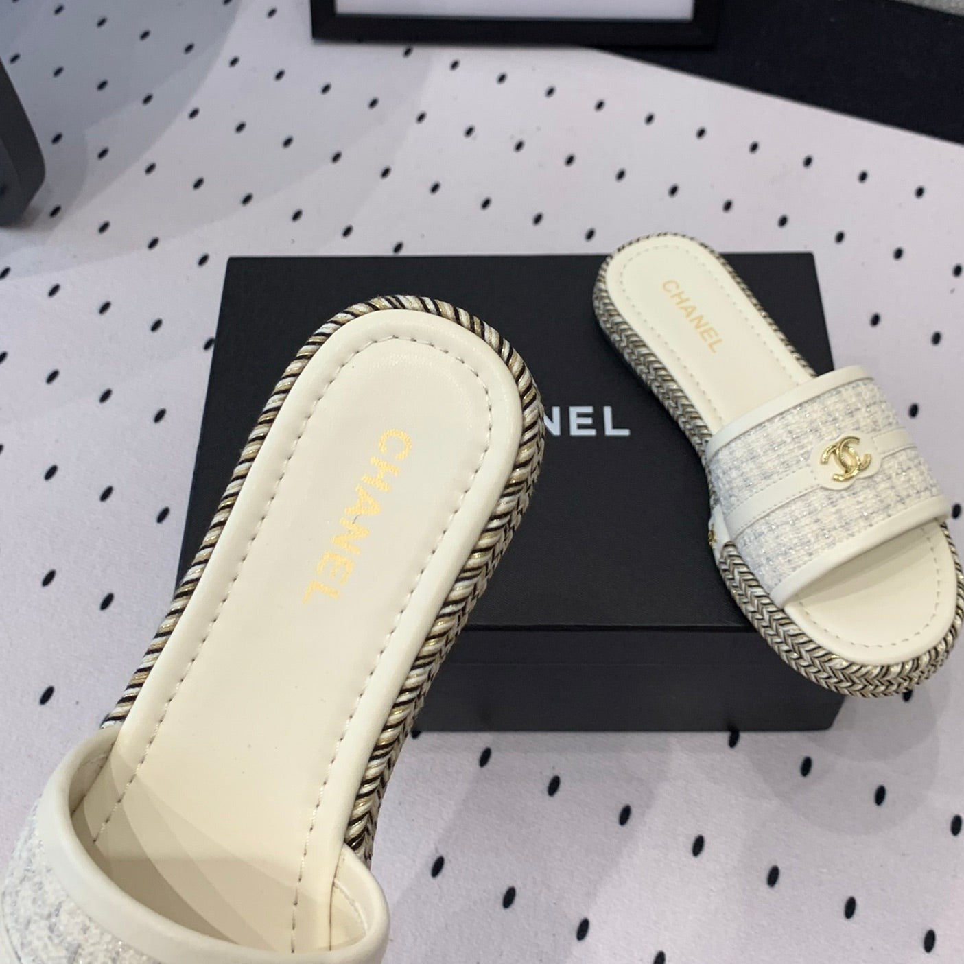 mule sandal white tweed white calfskin