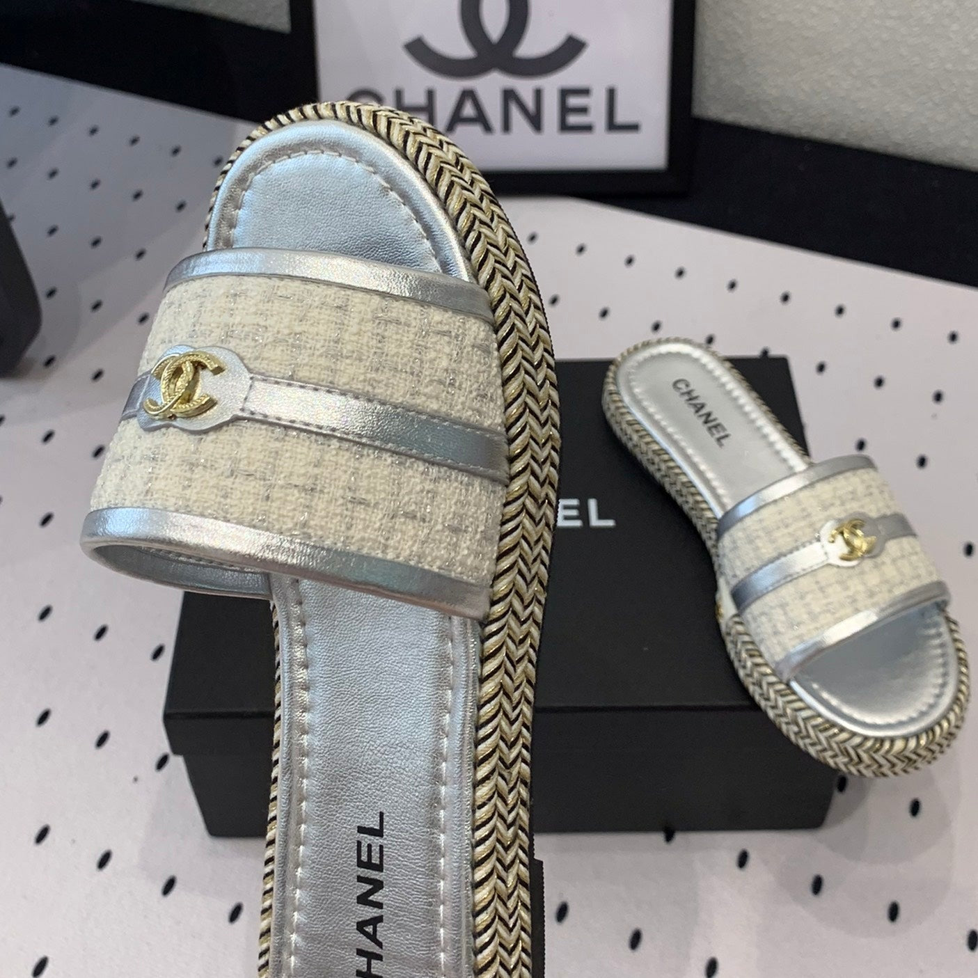 mule sandal white tweed silver metalic calfskin