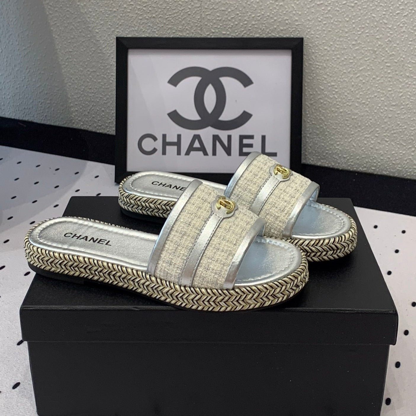 mule sandal white tweed silver metalic calfskin