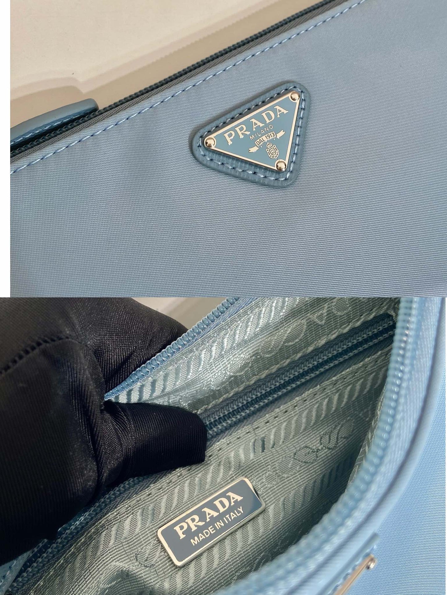 SHOULDER BAG 24 WITH TRIANGLE LOGO IN SKY BLUE RE-NYLON FABRIC