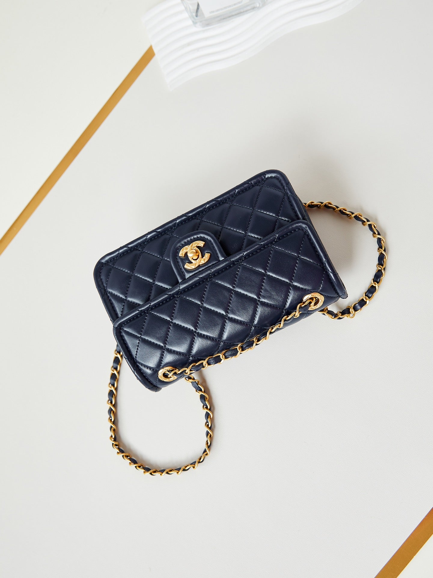 24s small flap bag 23cm dark blue calfskin gold hardware