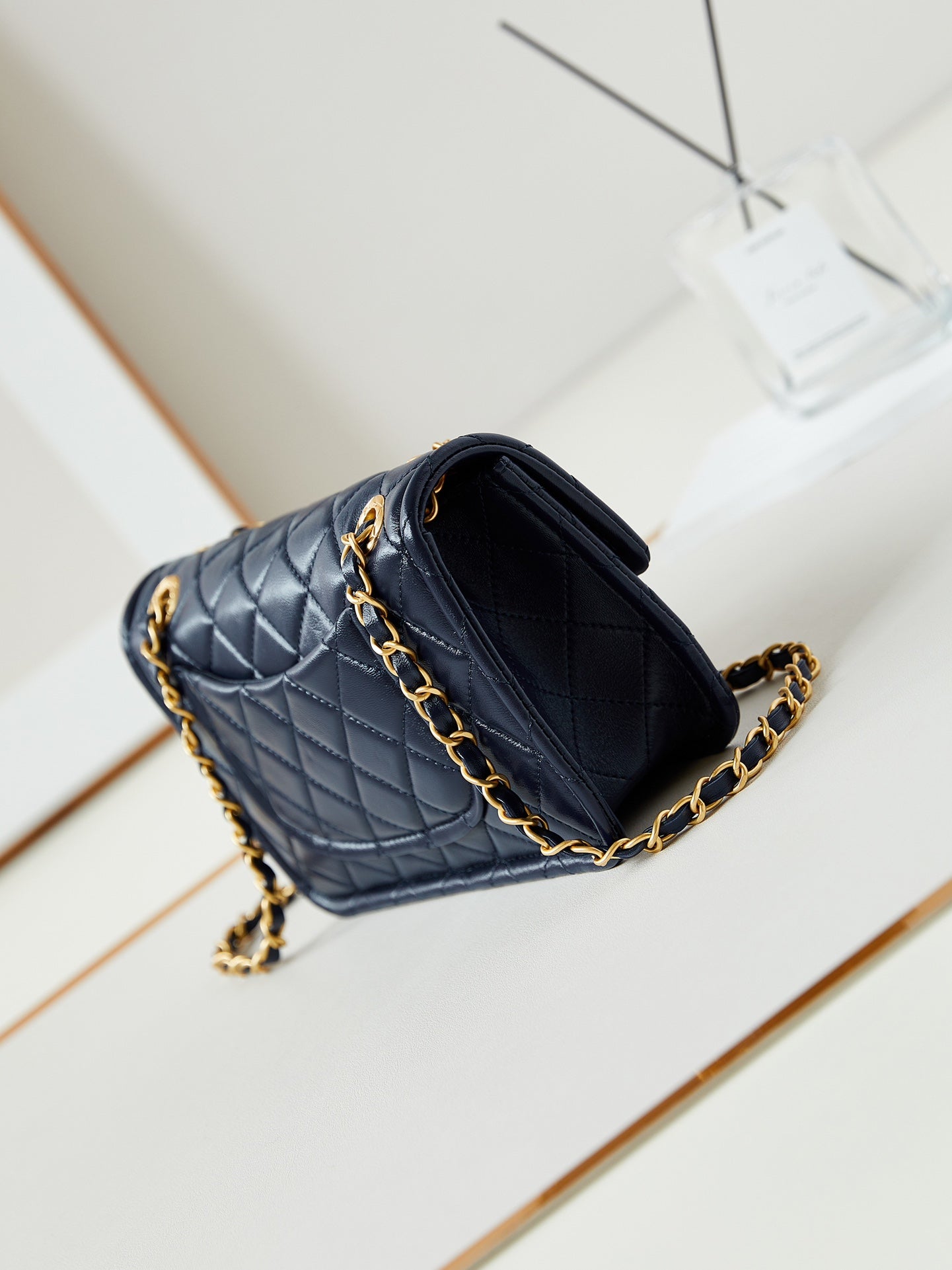 24s small flap bag 23cm dark blue calfskin gold hardware