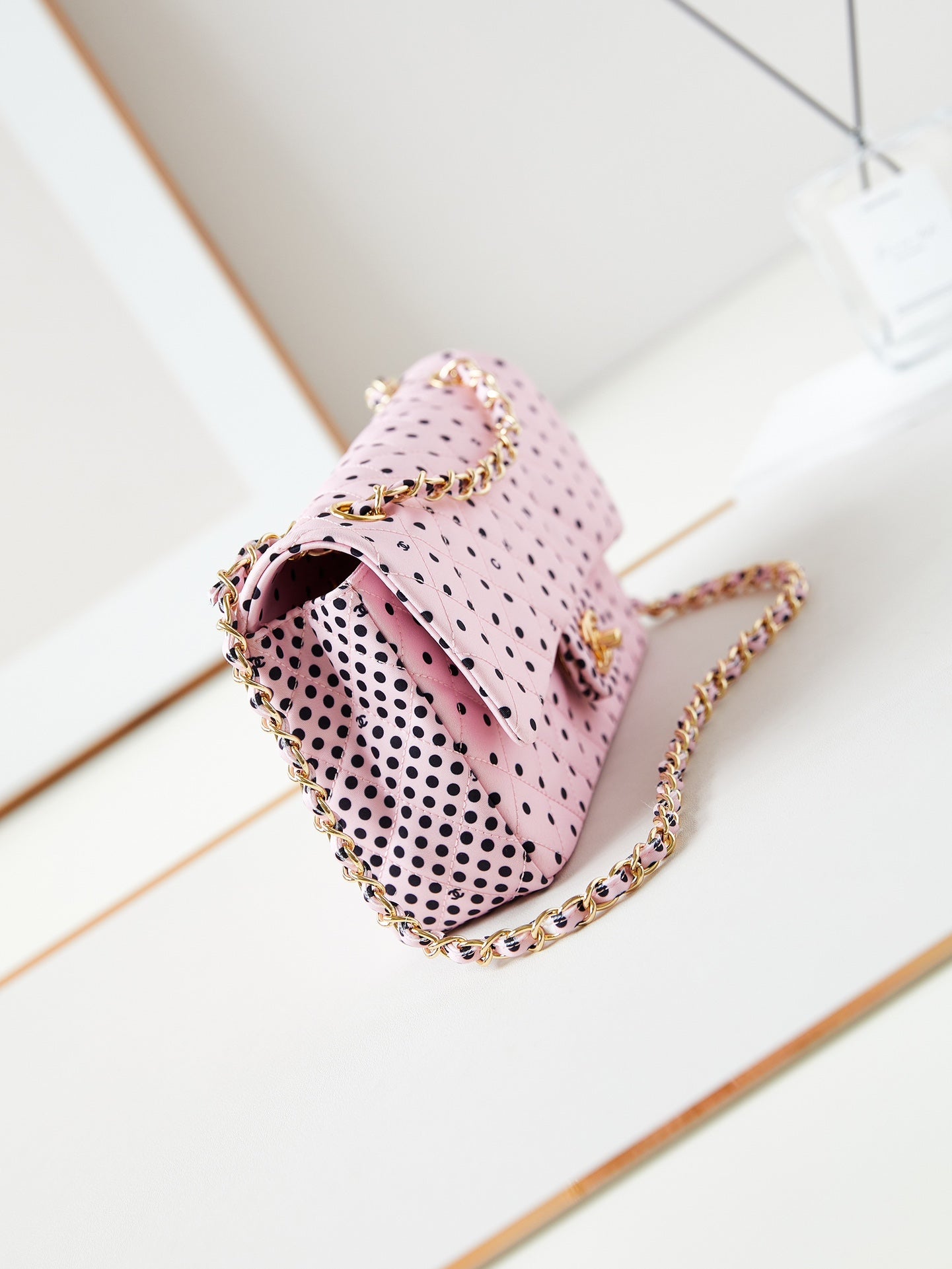 24p medium flap bag 25cm pink canvas black polka dot