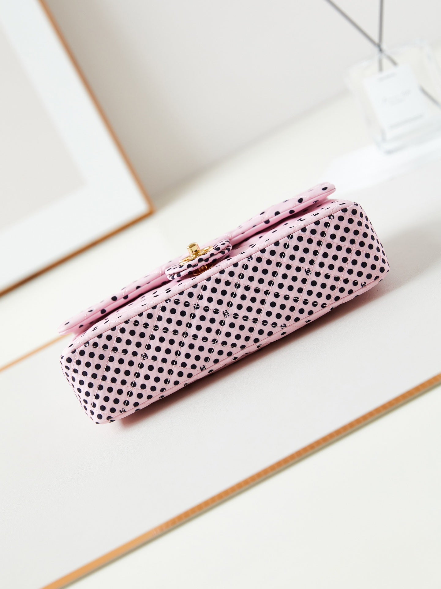 24p medium flap bag 25cm pink canvas black polka dot