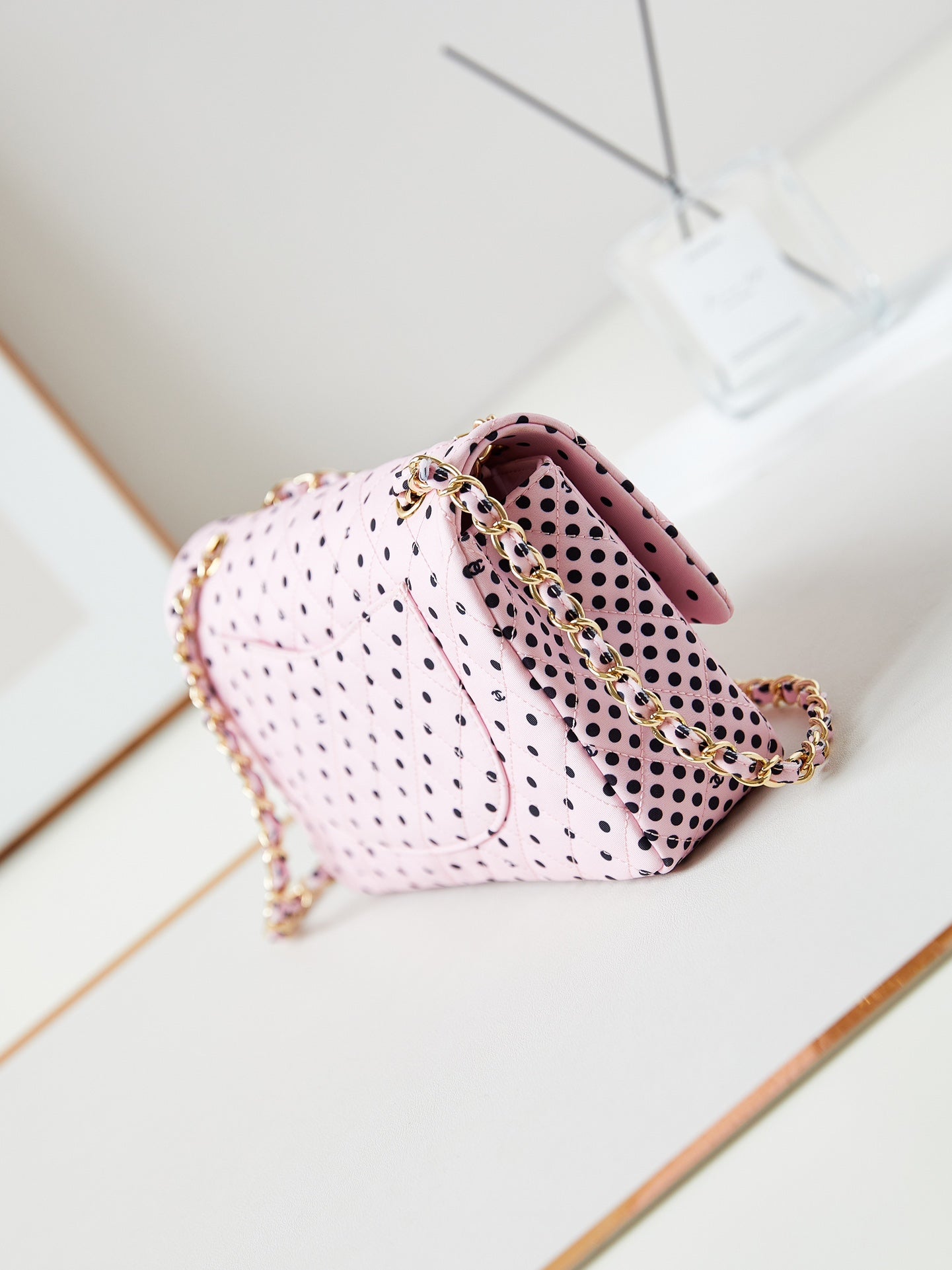 24p medium flap bag 25cm pink canvas black polka dot