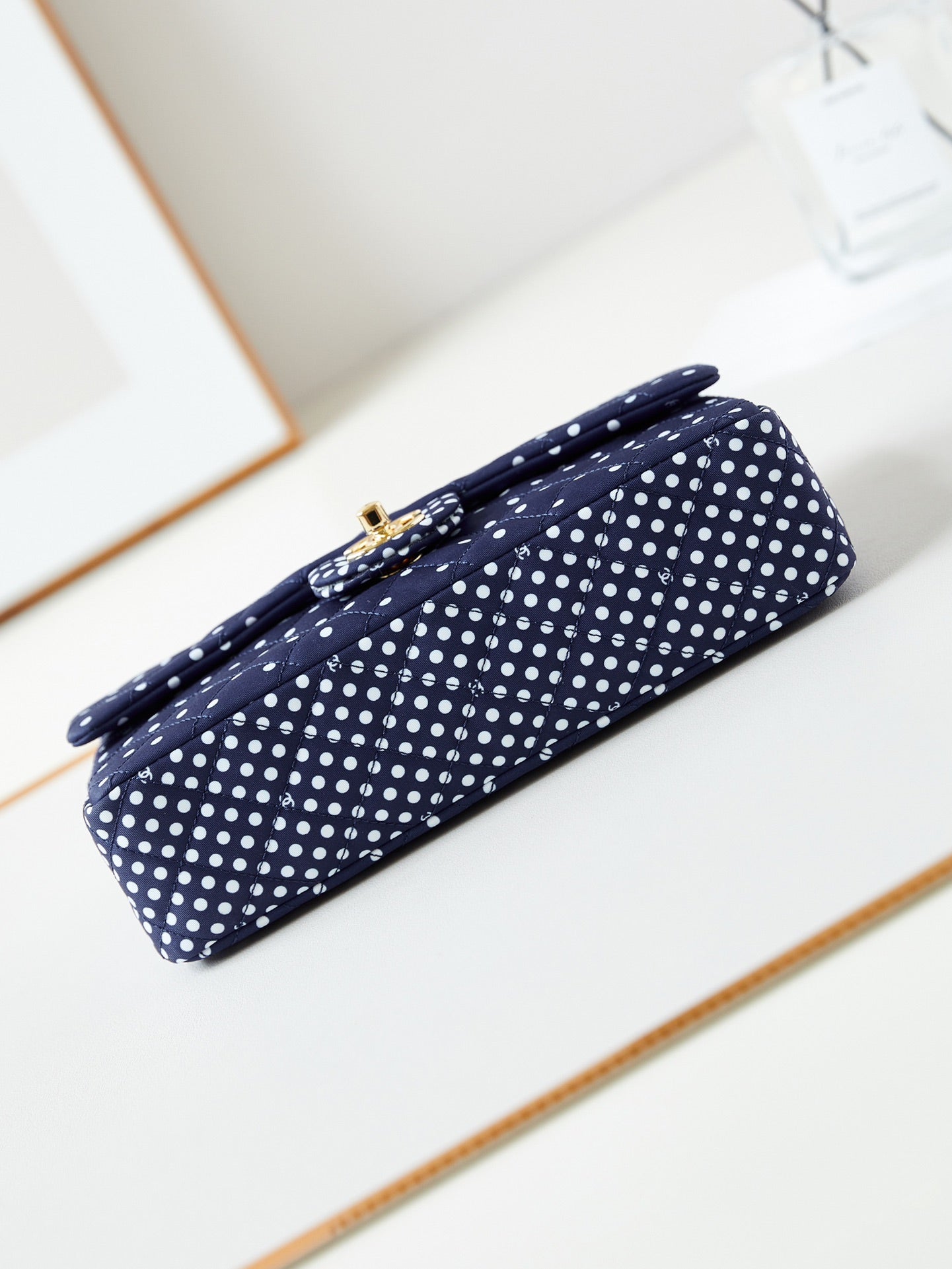 24p medium flap bag 25cm dark blue canvas white polka dot