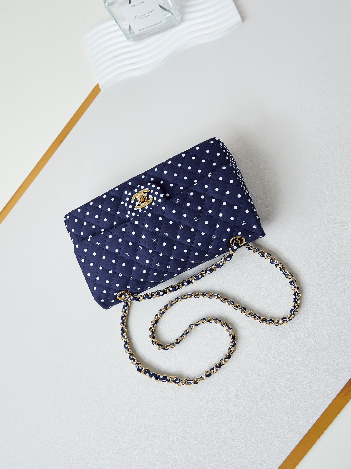 24p medium flap bag 25cm dark blue canvas white polka dot