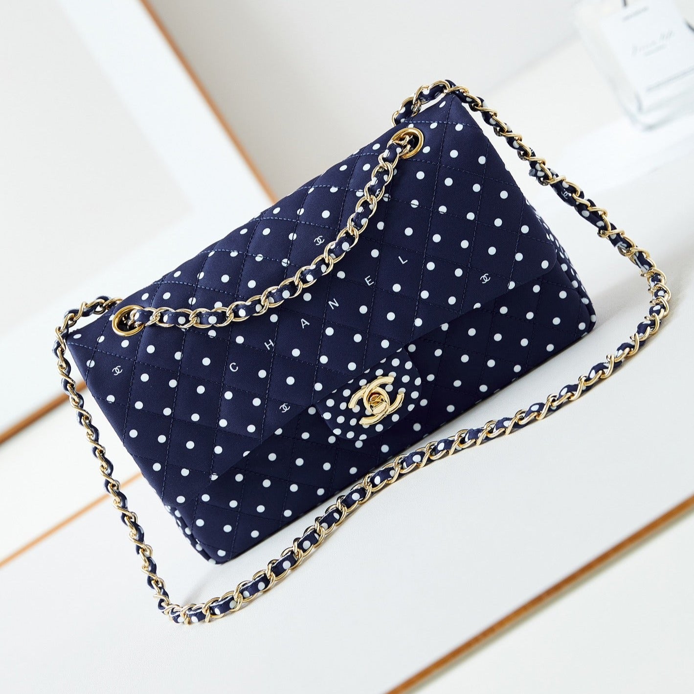 24p medium flap bag 25cm dark blue canvas white polka dot